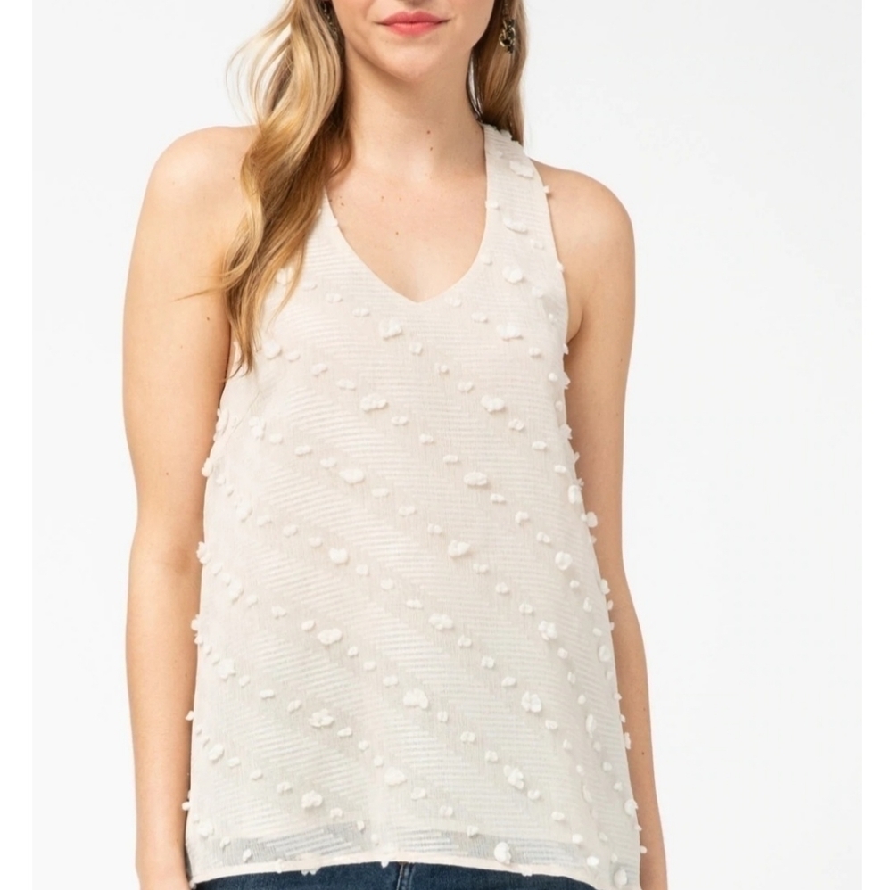 Entro Ivory Polka Dot Embellished Racerback Sleeveless Tank Top Blouse Size LRG.